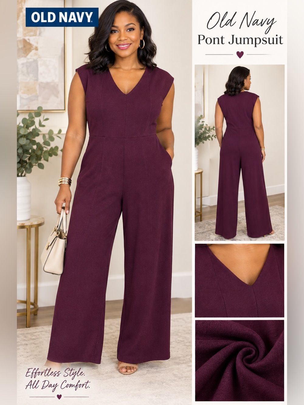 Old Navy | Pont Sleeveless V-Neck Wide-Leg Jumpsuit - Plum